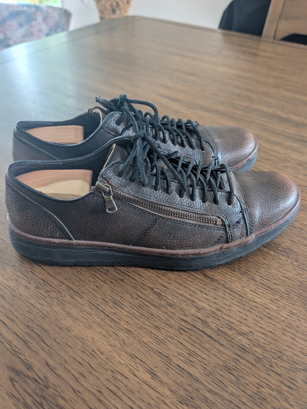 John Varvatos Dark Brown Leather Lace-Up Sneakers with Side Zip